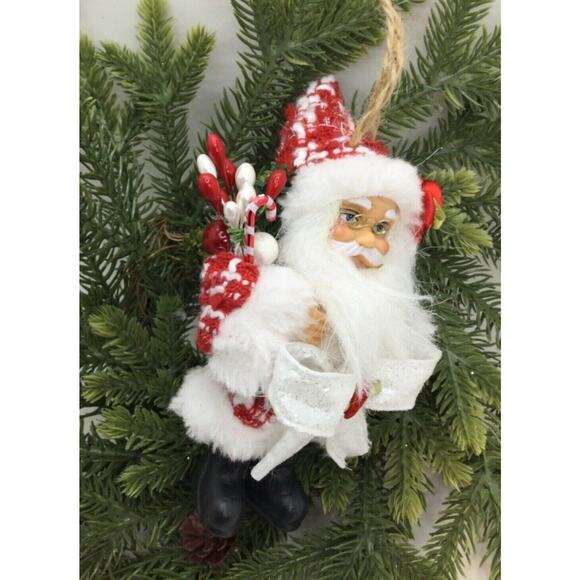 Santa Claus Christmas Ornament Red & White Plaid Hand Decorated - Picture 8 of 8